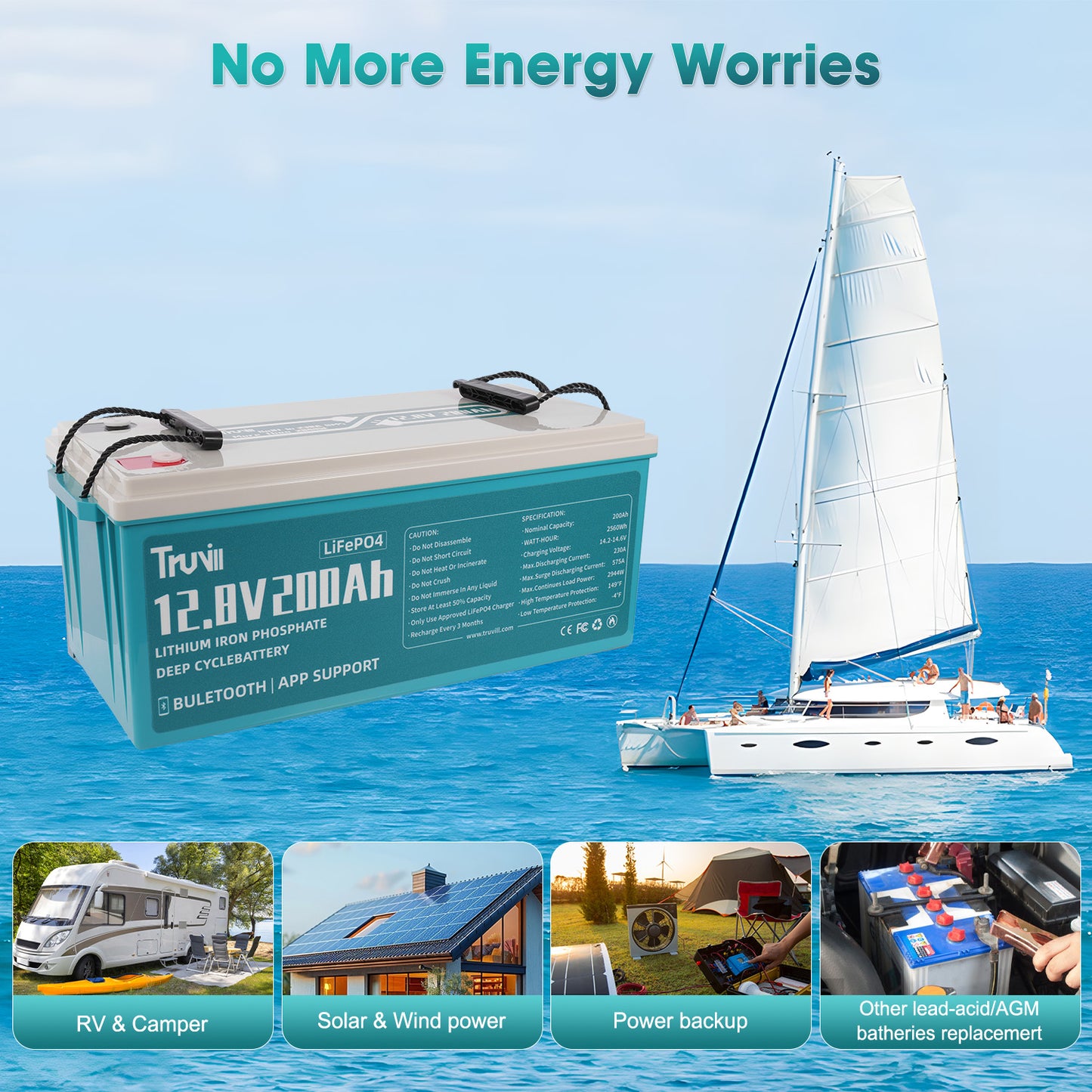 Truvill 12V 200Ah LiFePO4 Batteries with 230A Smart BMS Bluetooth Module Lithium Battery 8000+ Deep Cycle Battery with Battery Monitor Auto/Manual Battery Balancer for RV, Solar, Marine, Camping