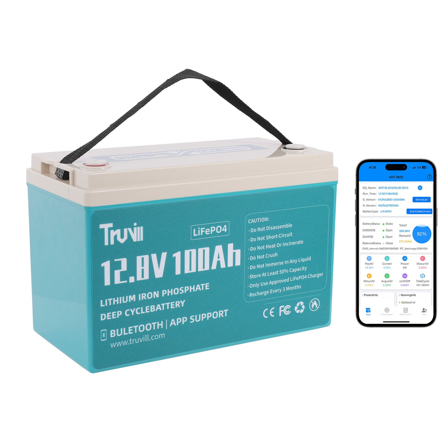 12V 100Ah Lithium Batteries with 130A Smart BMS Self Heating LiFePO4 Battery 8000+ Deep Cycle Battery for RV, Solar, Marine, Camping, Off Grid Applications