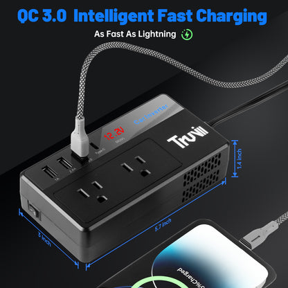 200W Car Power Inverter 12V DC to 110V AC Car Converter with 4 USB Ports Fast Charging Car Laptop Charger Car Adapter for Plug Outlet